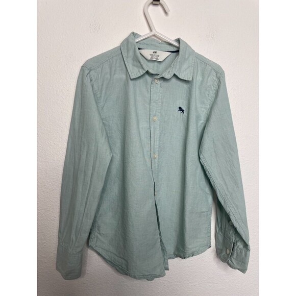 H&M Size 6 Button Up Woven Shirt Mint Green Long Sleeve Cotton Minimalist - Picture 1 of 9